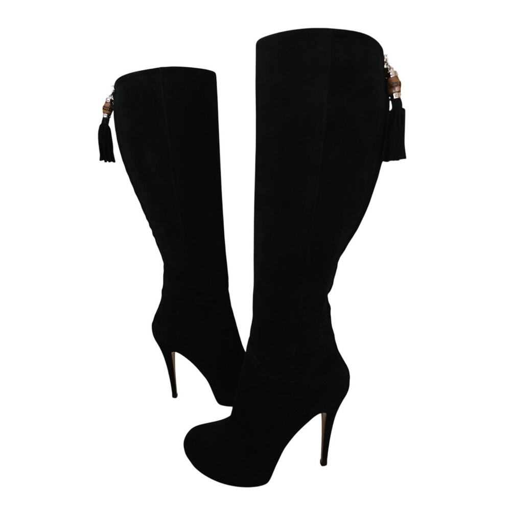 Gucci Black Suede Knee High Riding Platform Boots Bamboo Tassel Tall Heels 38 8 - Picture 10 of 10